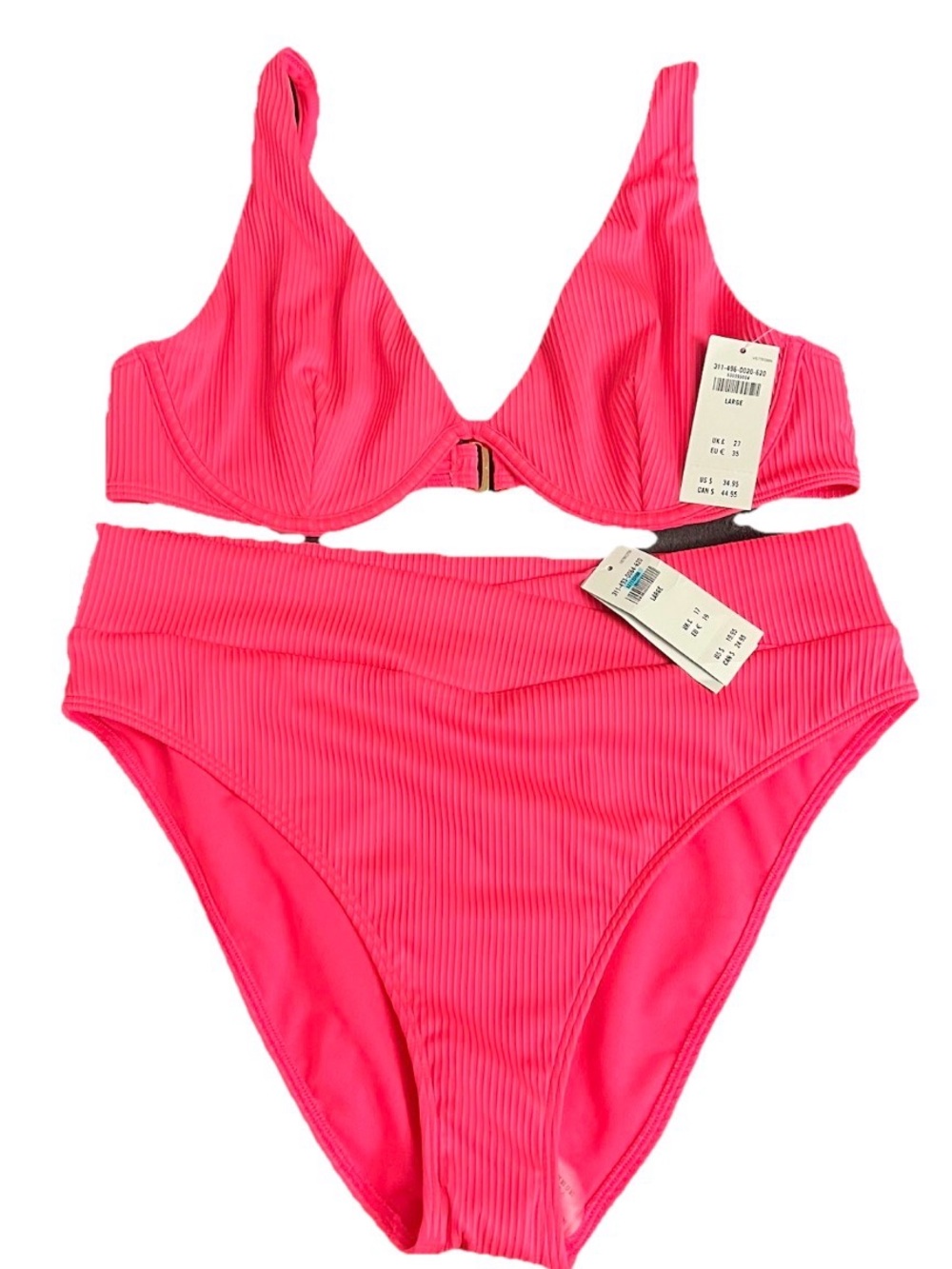 Hollister Ribbed Hot Pink Underwire 2 Piece Swimsuit with High Waist Bottoms